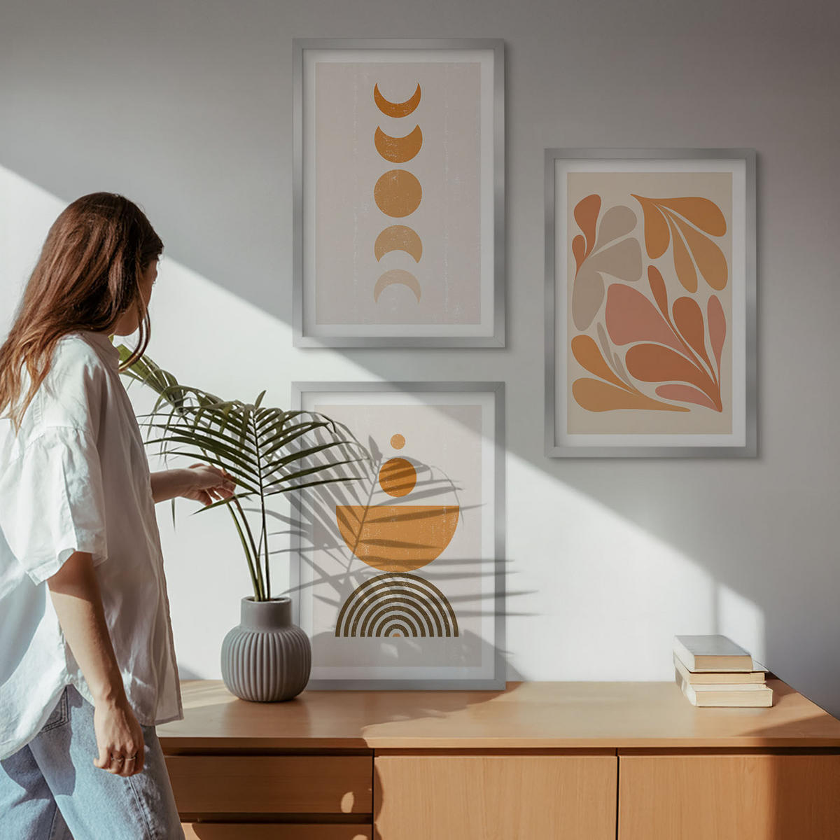 BILDER SET 3er Set - 40x60 cm Silberner Rahmen - Abstrakte orange Formen - Silberfarben, Kunststoff (40/60cm) - TULUP