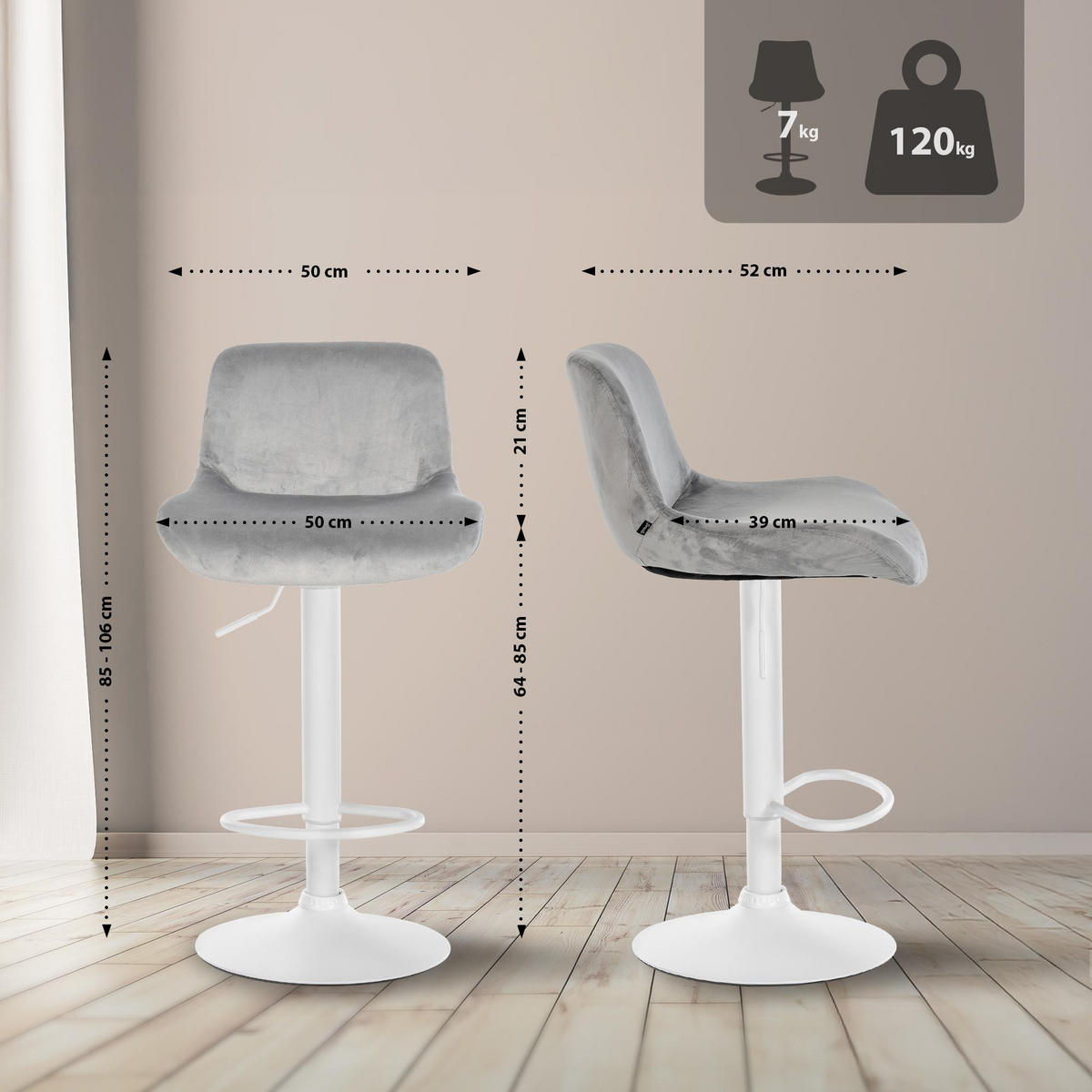 BARHOCKER 2er Set Samt Grau - Weiß/Grau, Textil/Metall (50/85/50cm) - CLP