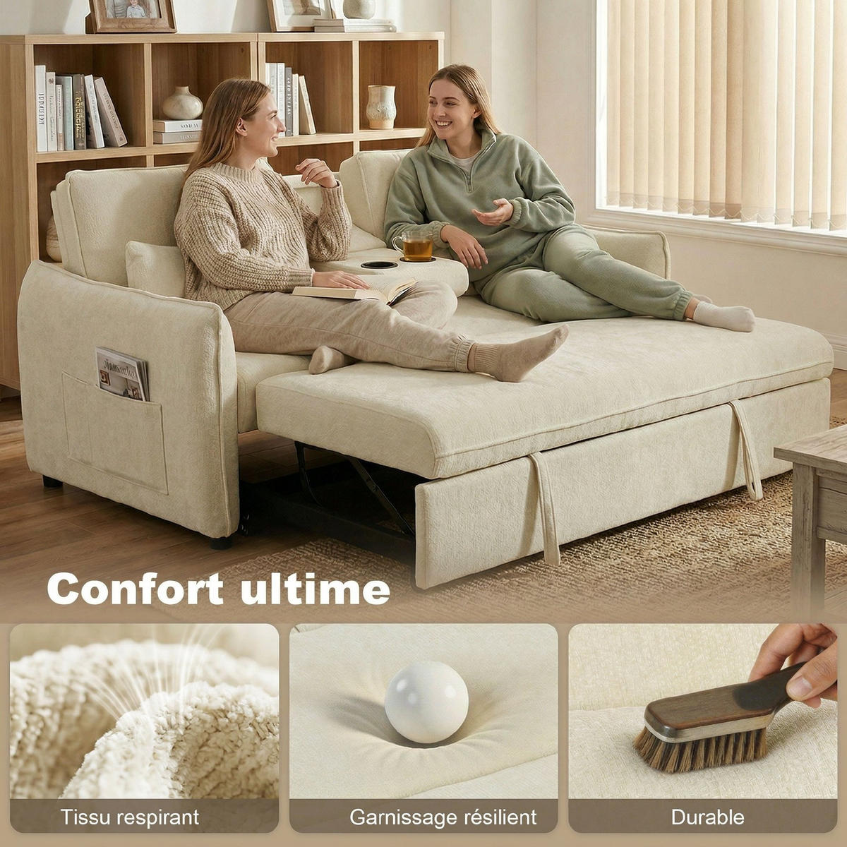 SCHLAFSOFA 2-Sitzer DE-14661 3-in-1 mit Getränkehaltern & verstellbarer Lehne Beige - Beige, Textil (166/84/90cm) - ComfortXL