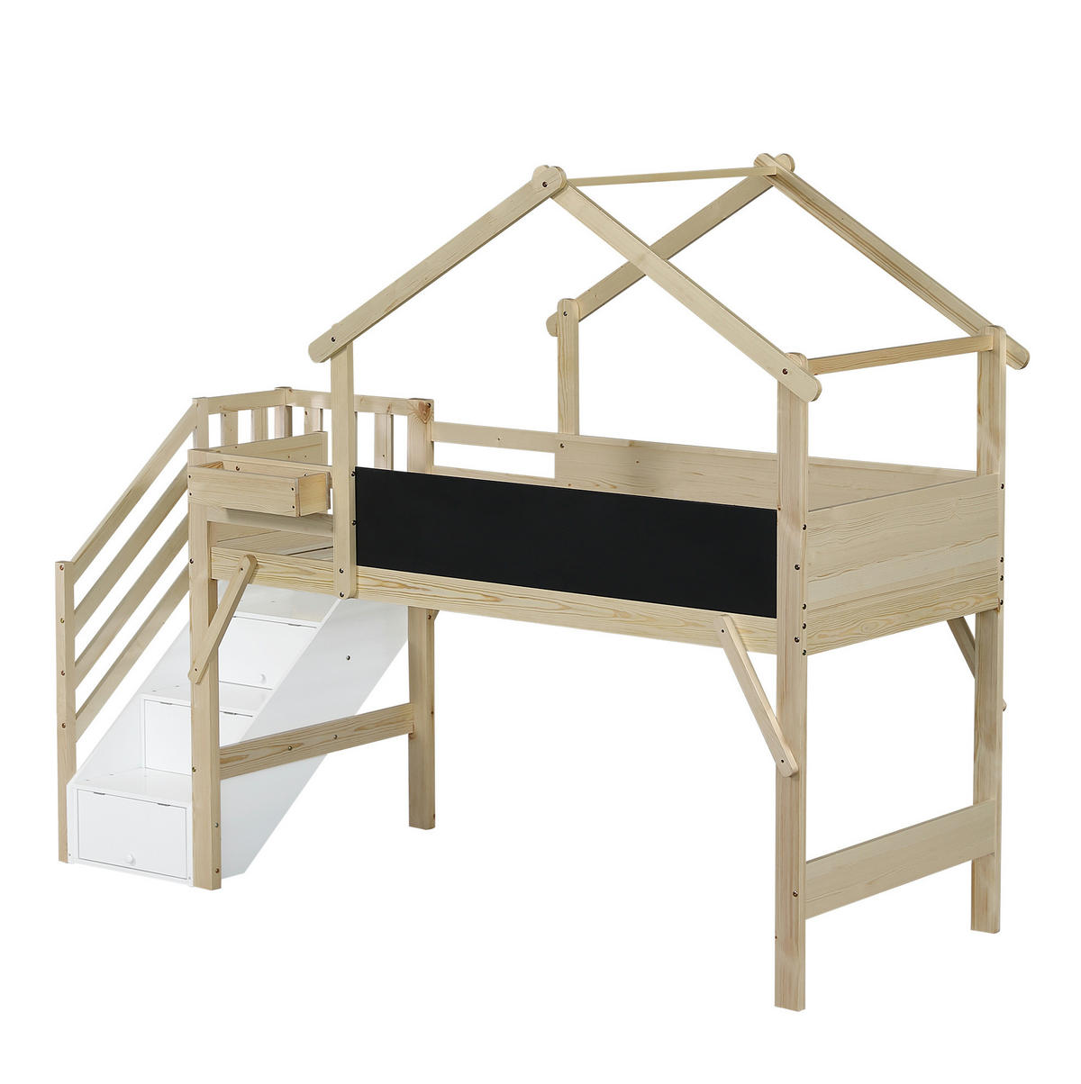 ETAGENBETT 90/200 cm mit Kreidetafel, Stauraumtreppe und Dachrahmen aus Holz, Weiß/Natur - Weiß, Holzwerkstoff (90/200cm) - Redom