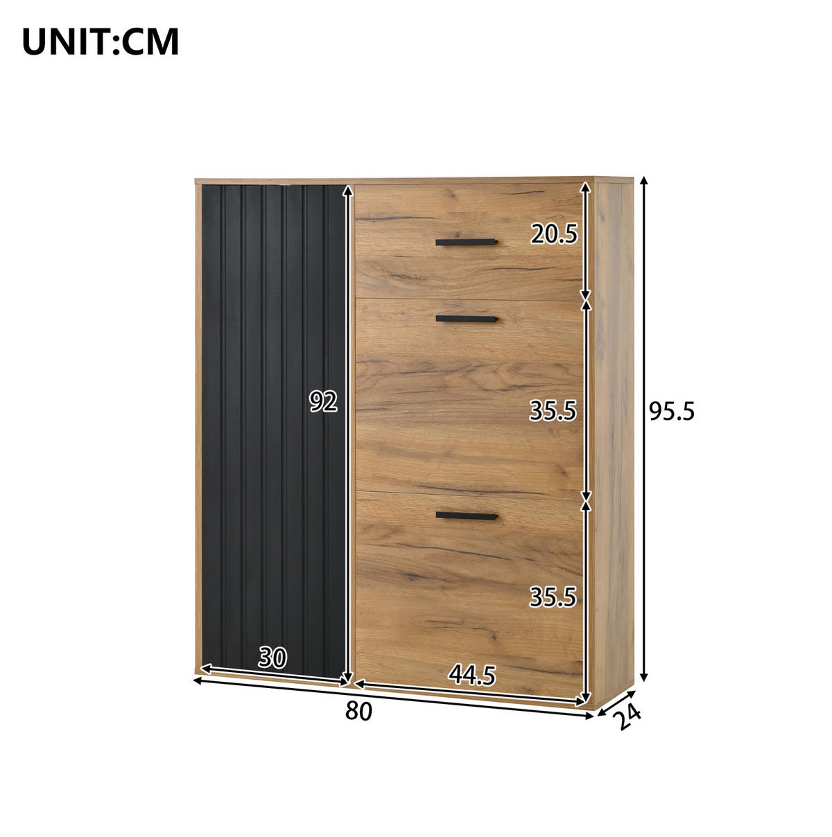 SCHUHSCHRANK 80/24/95,5 cm mit 2 Klappen, 1 Tür und Schublade in Natur/Schwarz - Naturfarben, Holzwerkstoff (80/95.5/24cm) - BEAOK