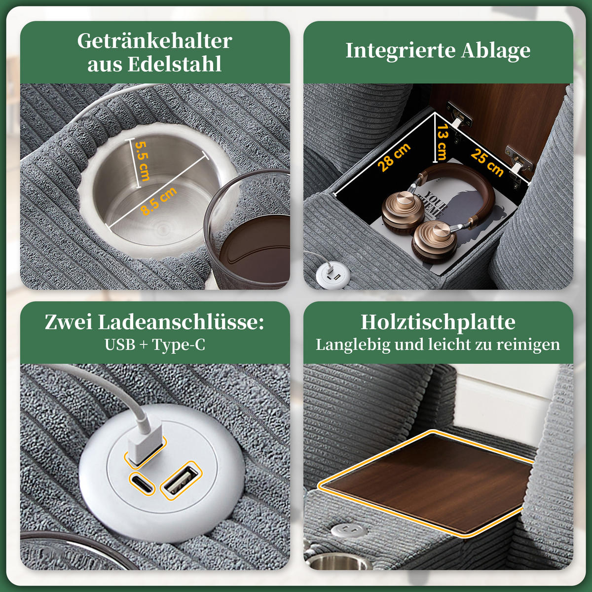 4-SITZER ECKSOFA Cord Grau mit USB, Becherhaltern und Stauraum - Grau, Holzwerkstoff/Kunststoff (229/149.5cm) - WISHDOR