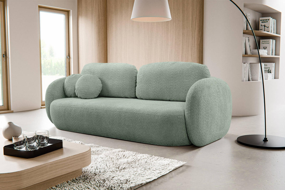 BETTSOFA AMICO Grün Bucle-Stoff mit Schlaffunktion - Grün, Holz (238/86.5/101cm) - MASSENO