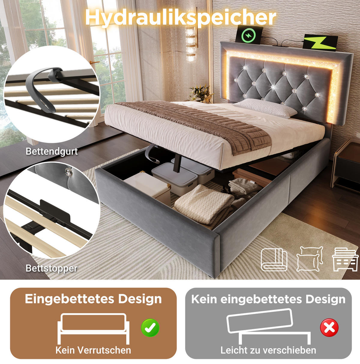 ČALOUNĚNÁ postel 90/200 cm šedá ze sametu s LED, USB-C a úložným prostorem - šedá, textil (90/200cm) - OKWISH