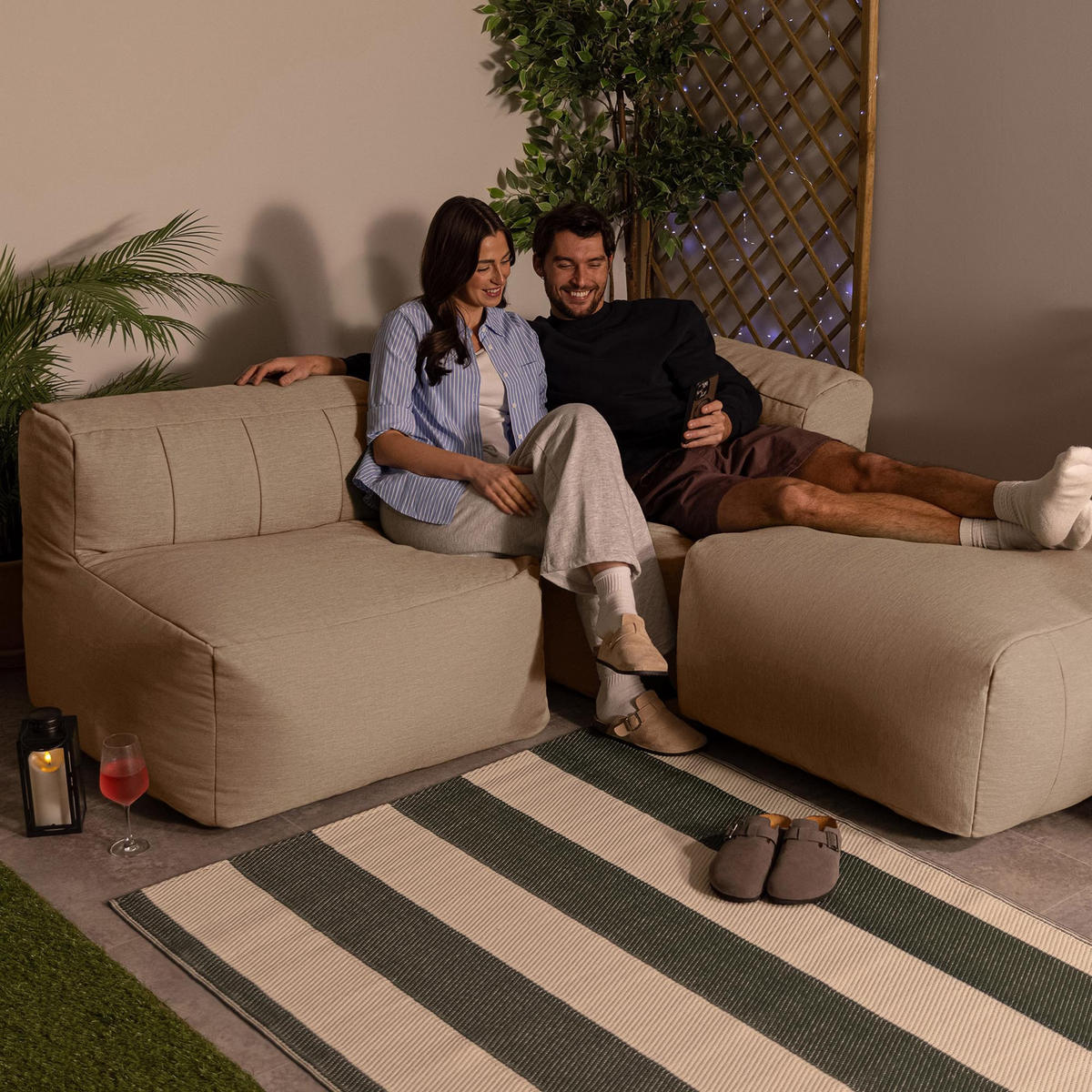 SITZSACK-SOFA Outdoor 3-tlg.: Ecksessel, Sessel, Fußstütze - Beige, Textil (195/68/100cm) - icon