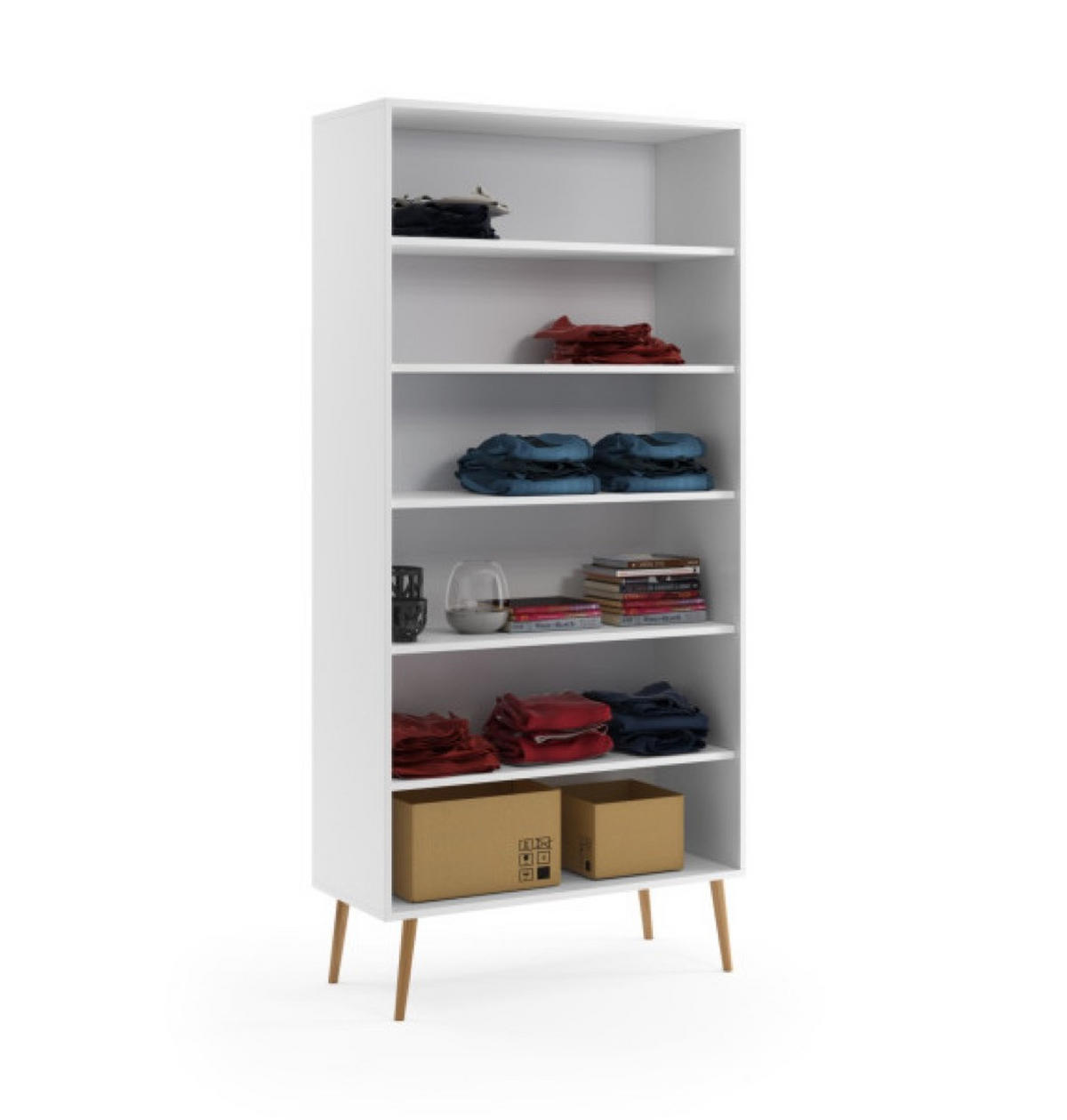 SCHRANK Weiß Boho Tiefe Holzbeine 5 Regale Mit Regalen - Weiß, Holzwerkstoff (87/212/41cm) - Sepro Meble