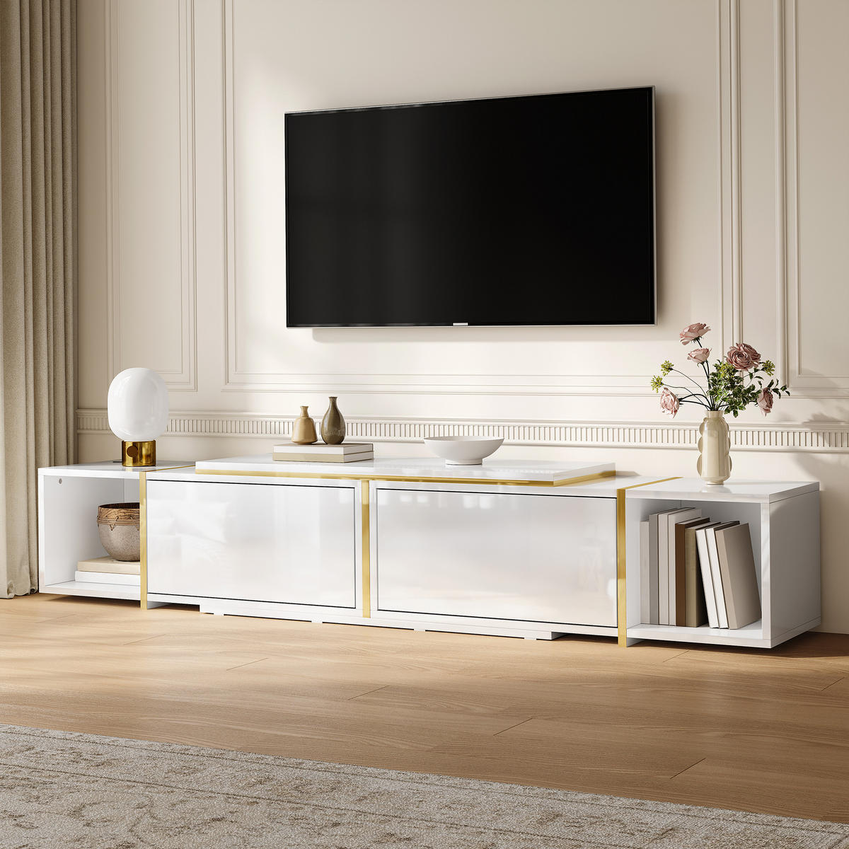 TV-LOWBOARD ausziehbar mit Hochglanzfront und Fächern - Weiß, Holzwerkstoff (275/37/35cm) - FLIEKS