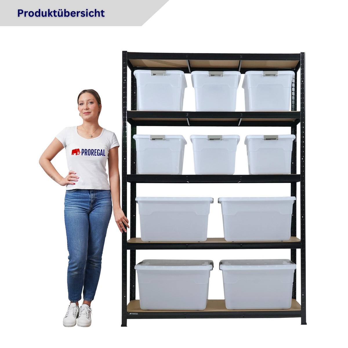 SCHWERLASTREGAL Ragnar inkl. 10x Aufbewahrungsbox 30 & 45 Liter - Schwarz, Metall (120/180/40cm) - PROREGAL