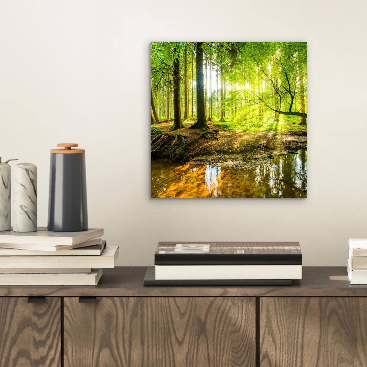 METALLBILD Wald - Landschaft - Wasser - Bäume - Sonne - Grün - Natur 20x20 cm - Grün, Metall (20/20cm) - MuchoWow