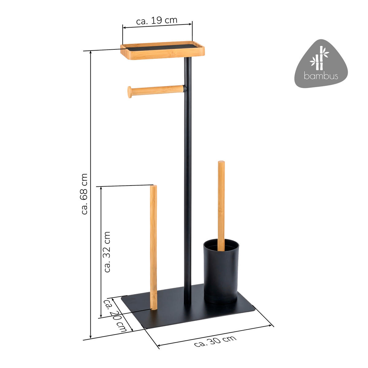 STAND-WC-GARNITUR 4in1, Bambus/Metall schwarz - Schwarz, Metall (30/68/20cm) - eluno