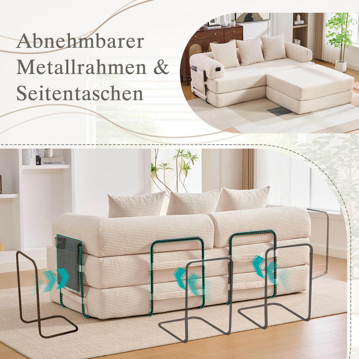 ECKSOFA Cord Beige mit Hocker und Kissen - Beige, Textil/Metall (218/285cm) - WISHDOR