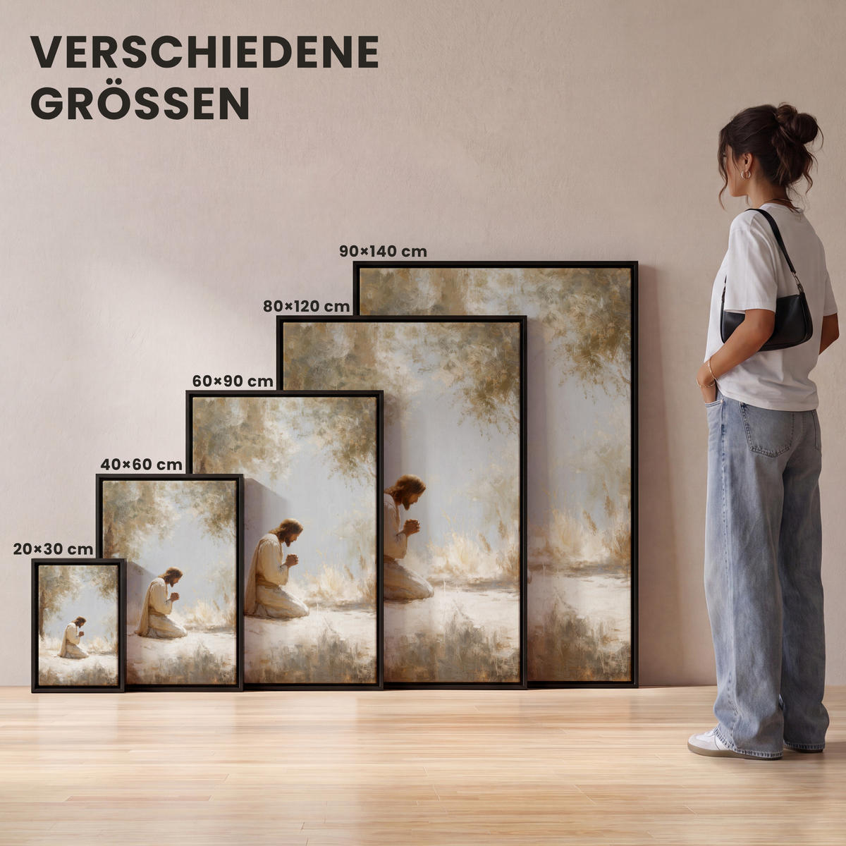LEINWAND Bilder mit Rahmen - Jesus - Kniend - Waldlandschaft - Betend - 60x90 - Beige, Textil (60/90cm) - MuchoWow