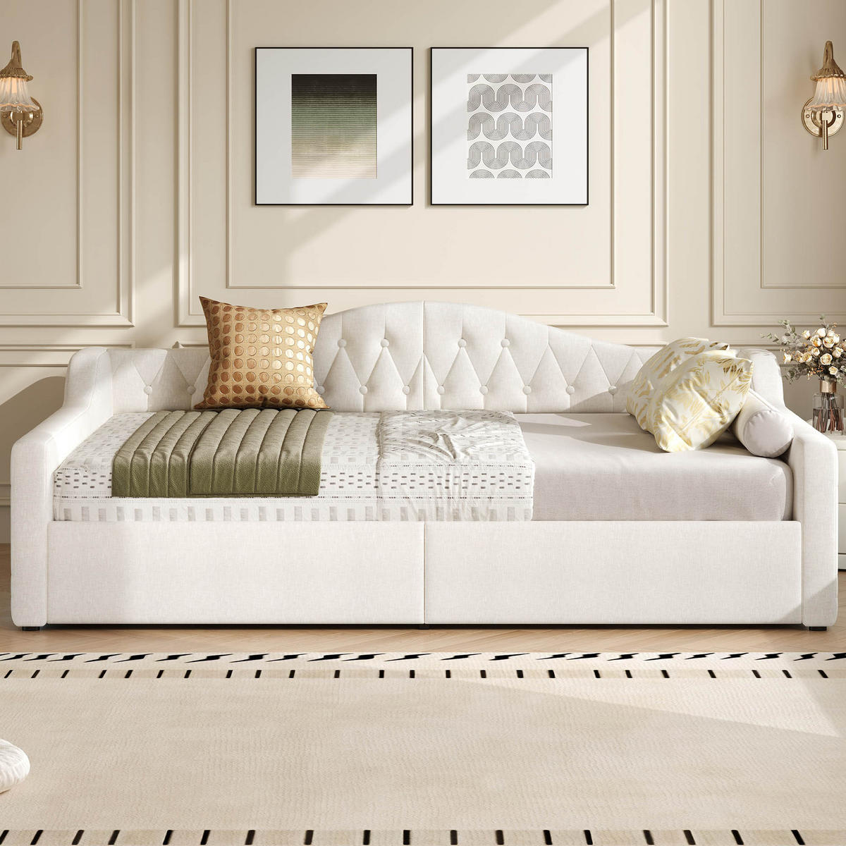 POLSTERBETT 140/200 cm Beige mit LED-Beleuchtung und Stauraum aus Leinen - Beige, Holzwerkstoff (140/200cm) - OKWISH