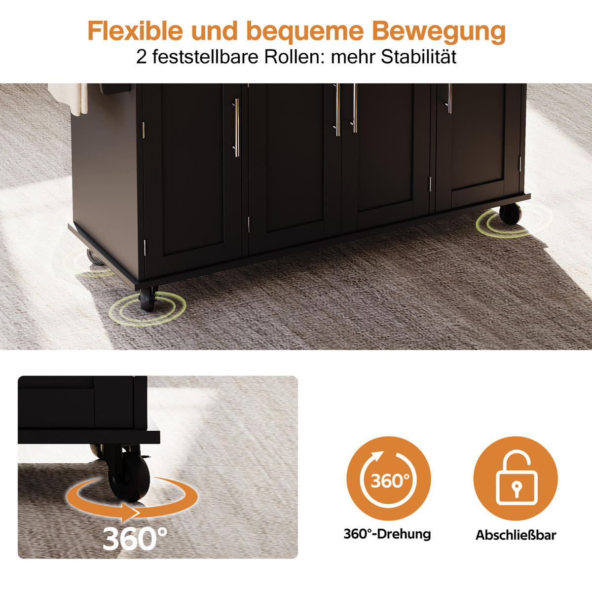 KÜCHENINSEL mobile 136 x 70 x 92 cm Schwarz/Natur MDF - Schwarz, Holz (70/92/136cm) - Beauniv