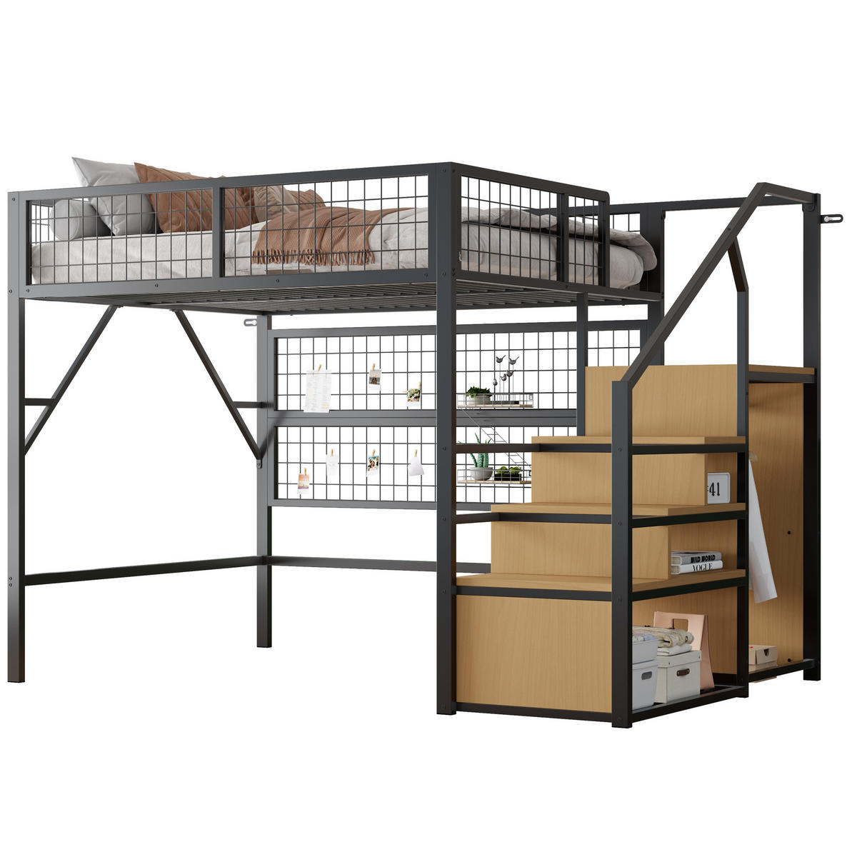 HOCHBETT aus Metall und MDF 140x200 cm Schwarz mit Stauraumtreppe, Kleiderschrank und App-gesteuerter LED-Beleuchtung - Schwarz, Metall (140/200cm) - IVMEU