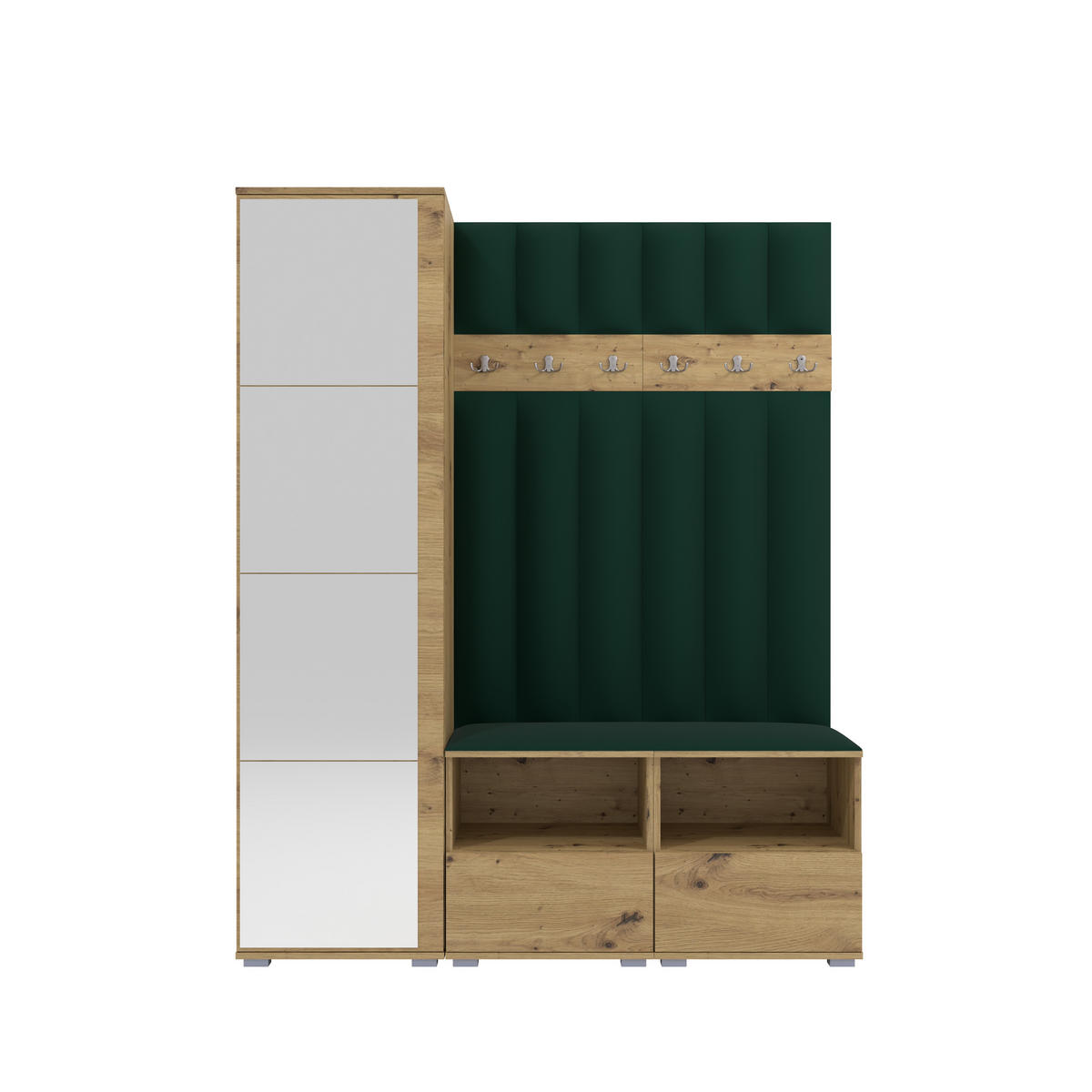 GEPOLSTERT Garderoben-Set Nela II LUX (Spiegel – Farbe Eiche Artisan + Stoff Trinity 28) - Dunkelgrün/Silberfarben, Holz/Holzwerkstoff (150/187/40cm) - Ravio
