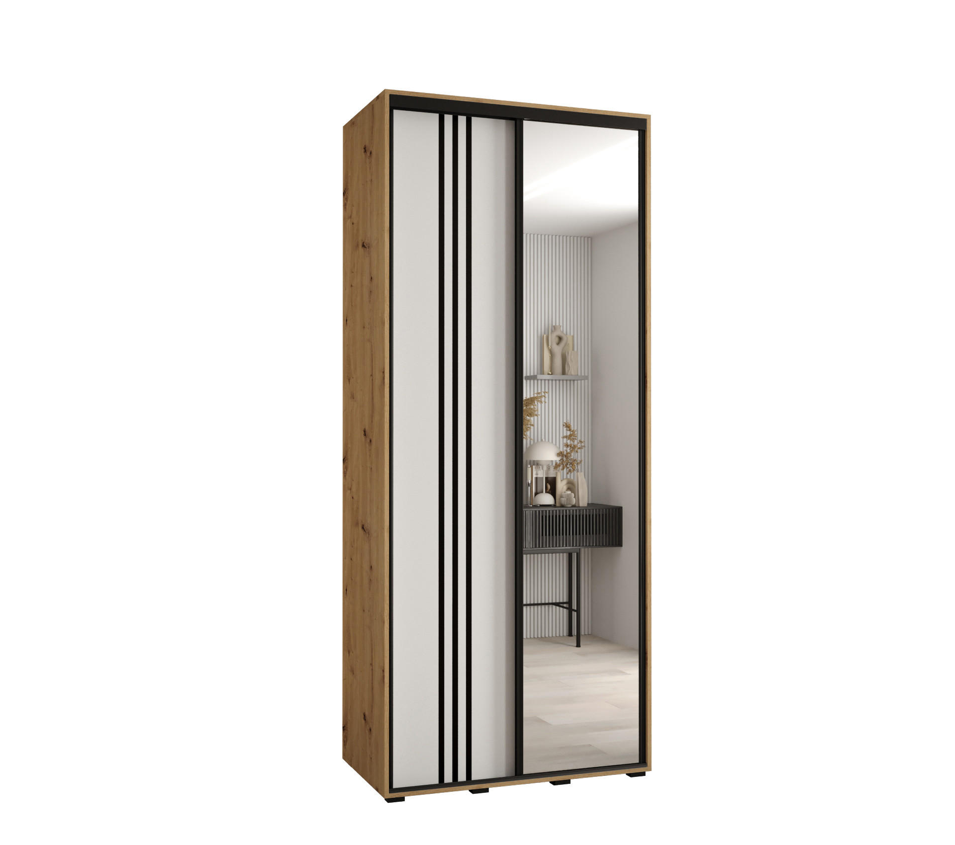 Abiks Möbel Schwebetürenschrank Eiche Artisan, Weiß, Schwarz 100x235x60 cm