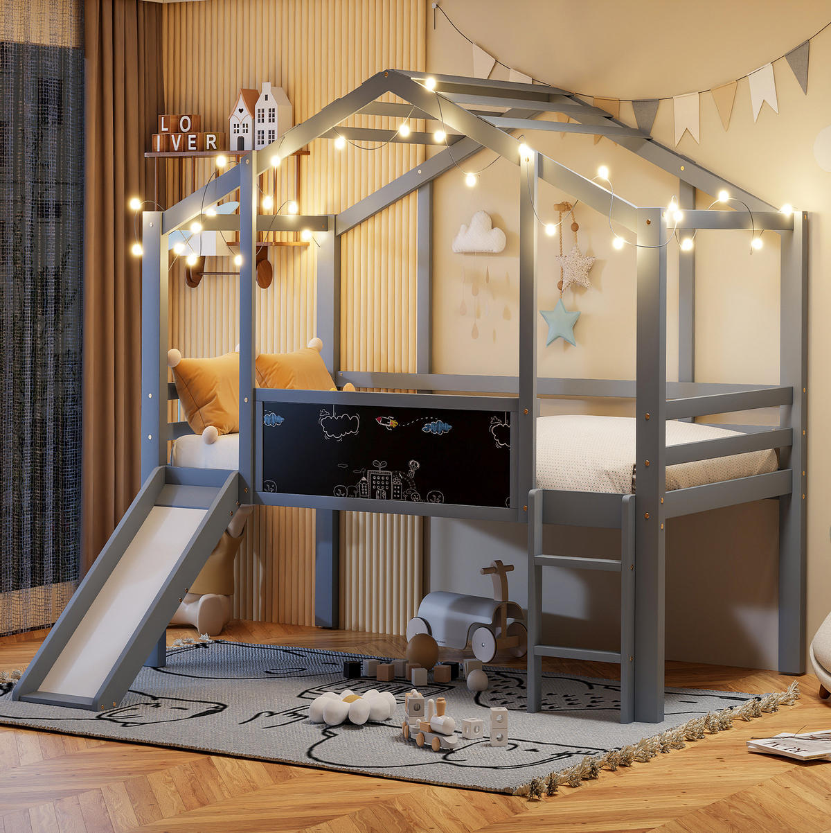KINDERBETT 90/200 cm im Hausdesign mit Rutsche und Tafel, aus Massivholz Grau - Grau, Holz (90/200cm) - Flora Grace