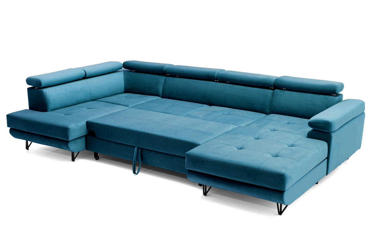 ECKSOFA U-Form JUNIOR U Links mit Schlaffunktion 128x254 Velours Smaragdgrün - Smaragdgrün/Schwarz, Holz/Textil (323/90/184cm) - Muffo