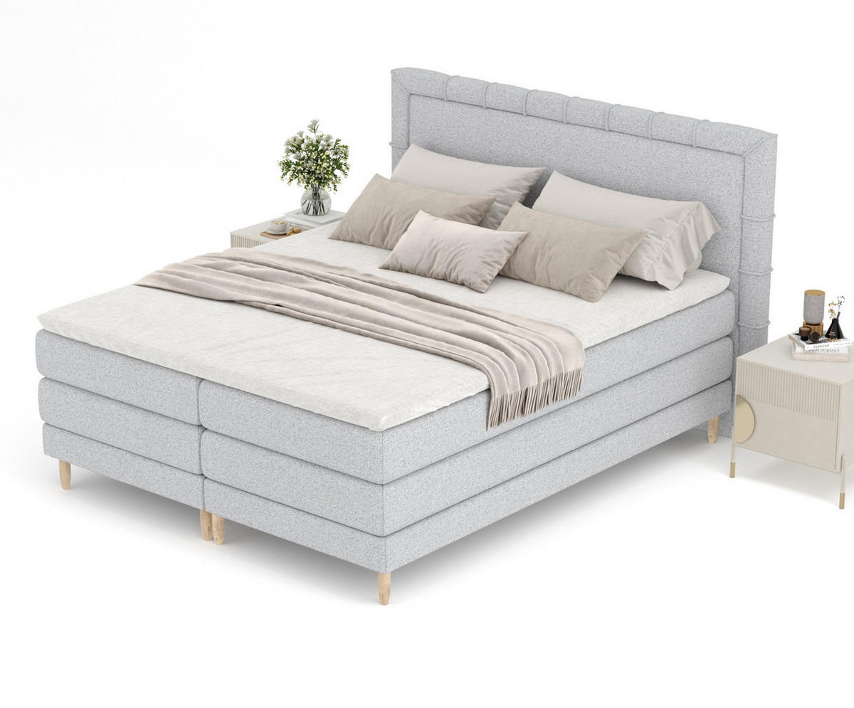 BOXSPRINGBETT Rimini Hellgrau 180/200 cm mit Matratze und Topper - Hellgrau/Naturfarben, Holz/Holzwerkstoff (180/200cm) - Maison de Reve