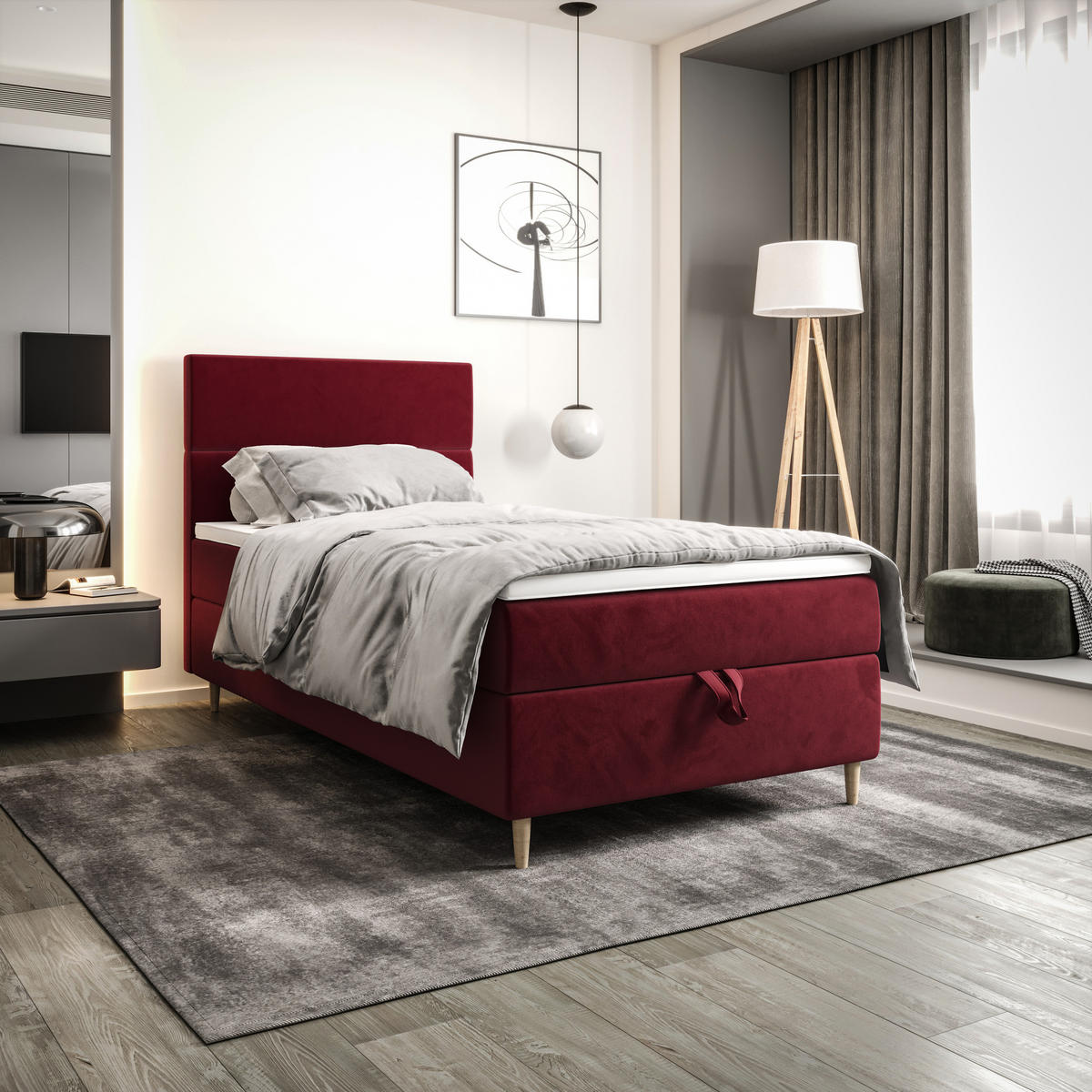 BOXBETT FLO 90x200 Itaka 34, mit Matratze H3, Bonell und Topper, Rot - Rot, Holz/Textil (90/200cm) - Bedante