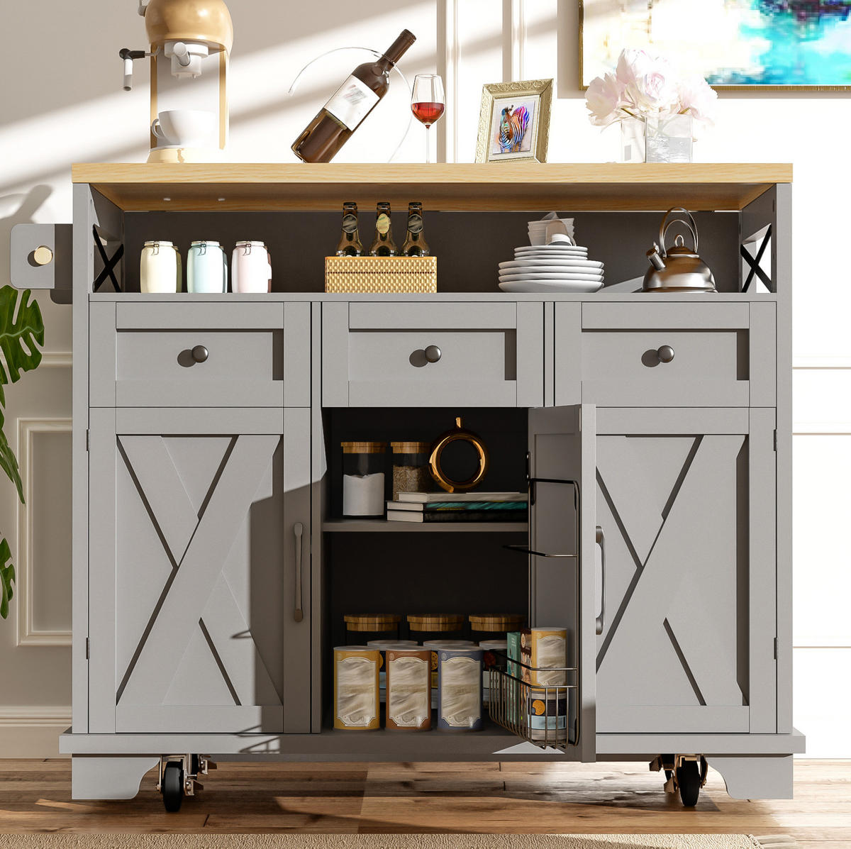 KUECHENINSEL mit Klappseite 118 x 43-80 x 98 cm Grau - Grau, Metall (43/98/118cm) - Beauniv