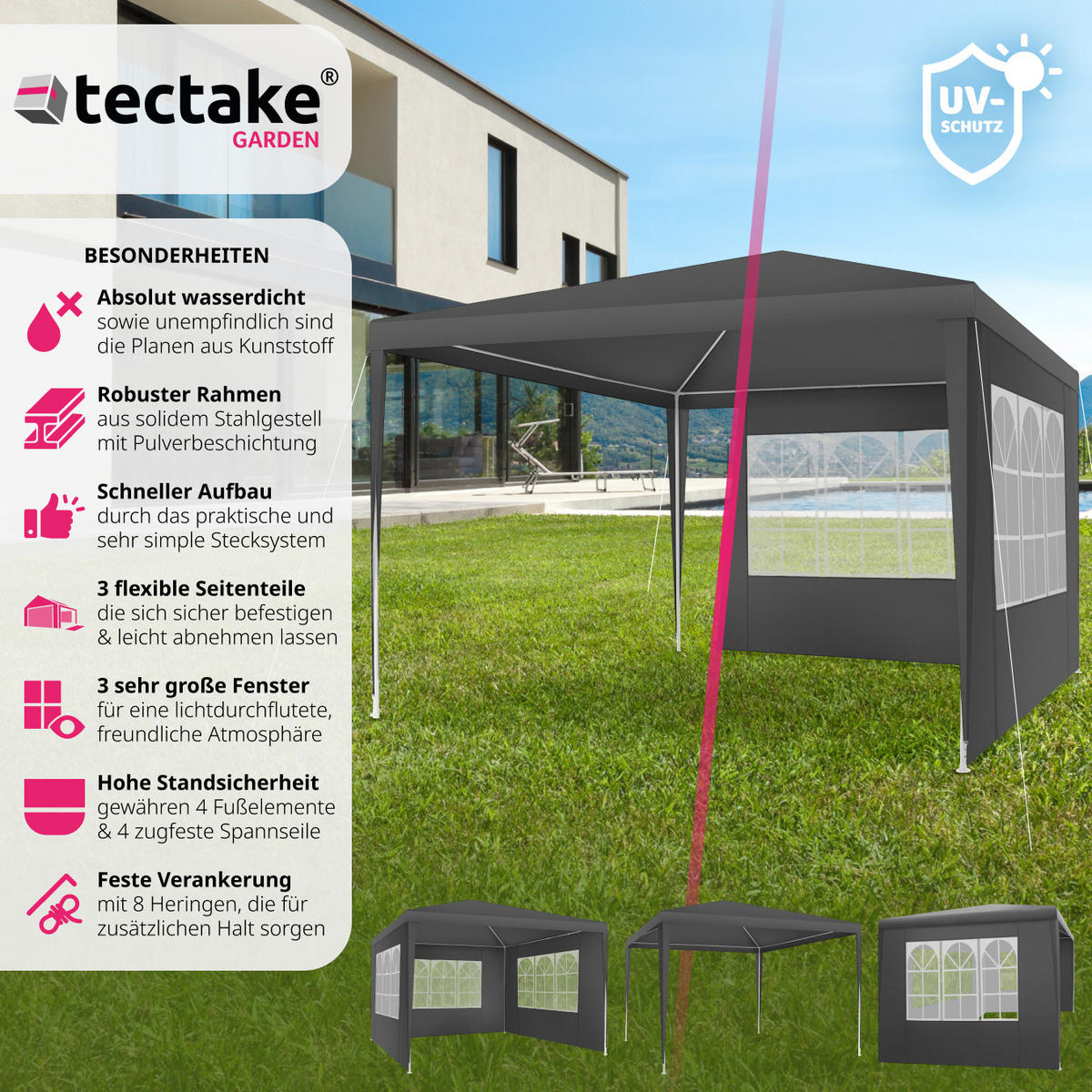 PAVILLON Baraban,inklusive Spannseile und Heringe,grau - Grau, Kunststoff (300/250/300cm) - tectake