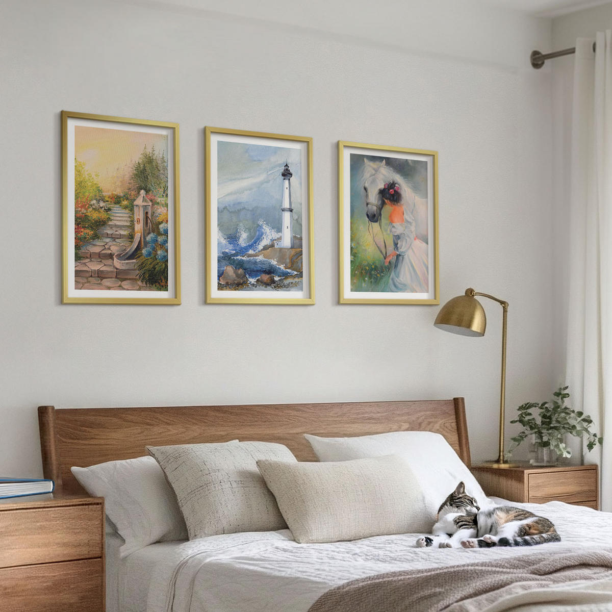 BILDER SET 3er Set - 40x60 cm Goldrahmen - Landschaft Leuchtturm Pferd Mädchen - Goldfarben, Kunststoff (40/60cm) - TULUP