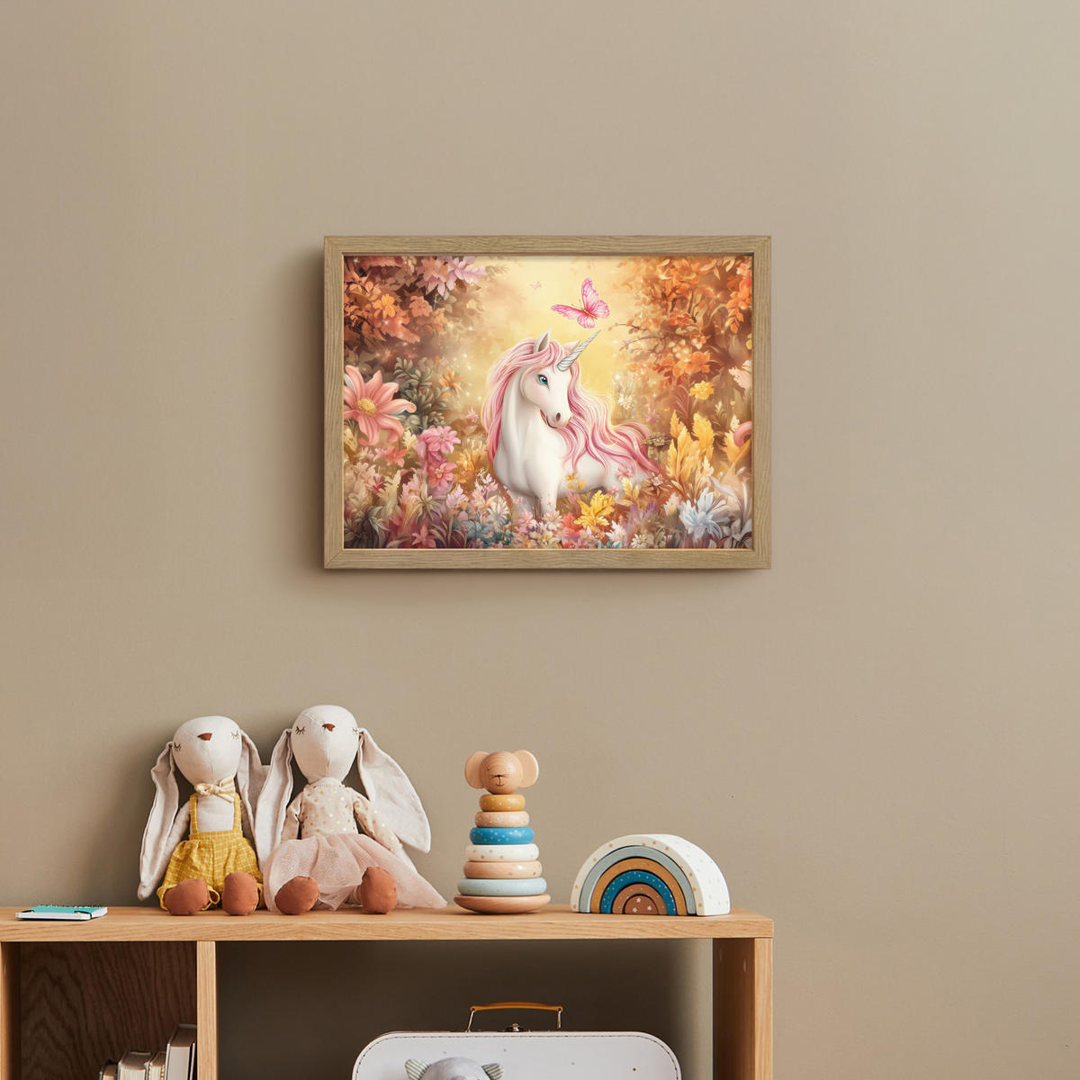 DOBÍJECÍ NOČNÍ LAMPIČKA Jednorožec - Květiny - Motýl - Růžová 40x30 cm - béžová, kompozitní dřevo (8/40/30cm) - OnlyWow