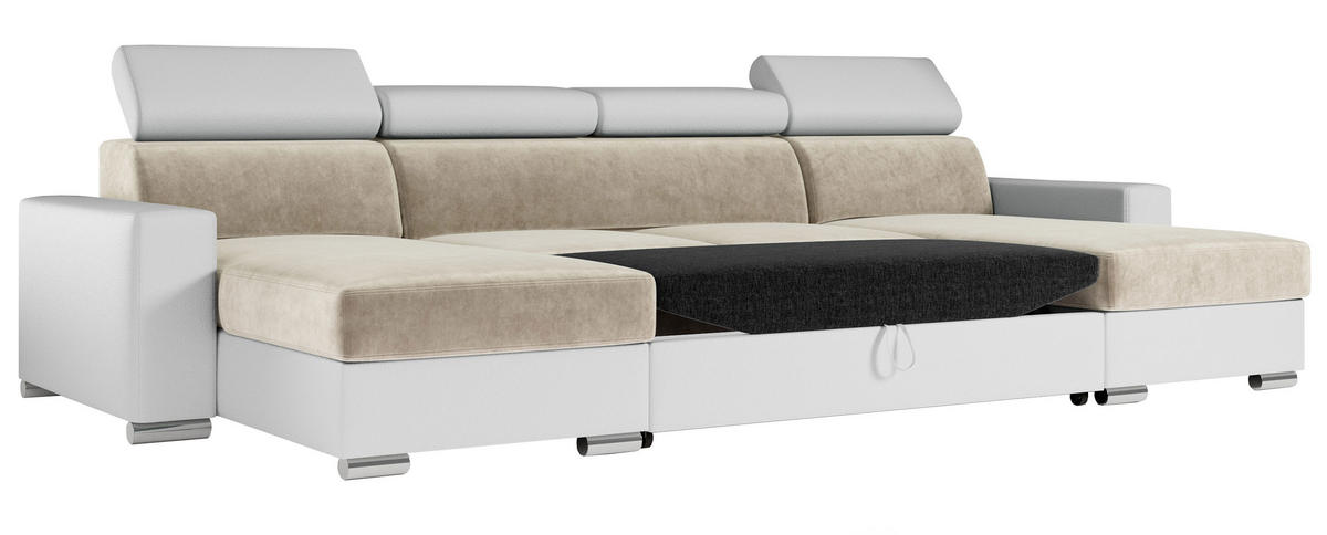 WOHNLANDSCHAFT FOX U Beige/Weiß - Velvet/Kunstleder - Beige/Silberfarben, Kunststoff/Textil (306/98/168cm) - MKS
