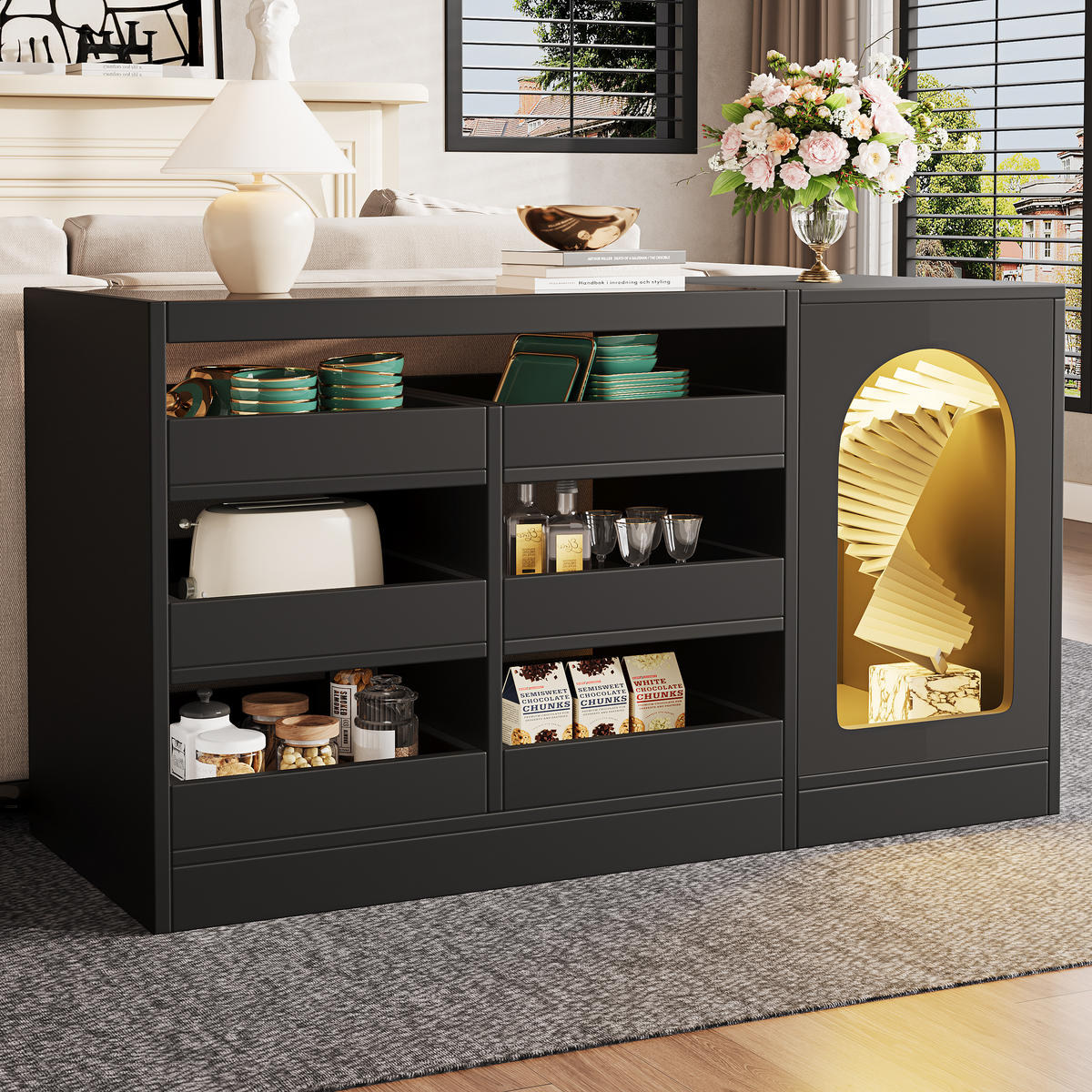 SIDEBOARD 120/40/75 cm, 6 Schubladen, Glasoberseite mit LED, schwarzes MDF, Schwarz - Schwarz, Holzwerkstoff (120/75/40cm) - Redom
