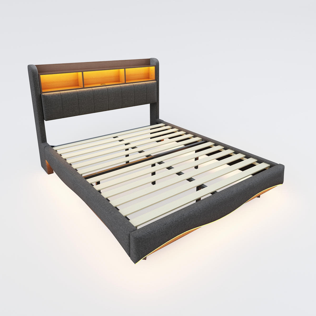 POLSTERBETT 160/200 cm grau aus Stoff mit LED-Beleuchtung - Grau, Textil (160/200cm) - OKMYHOME
