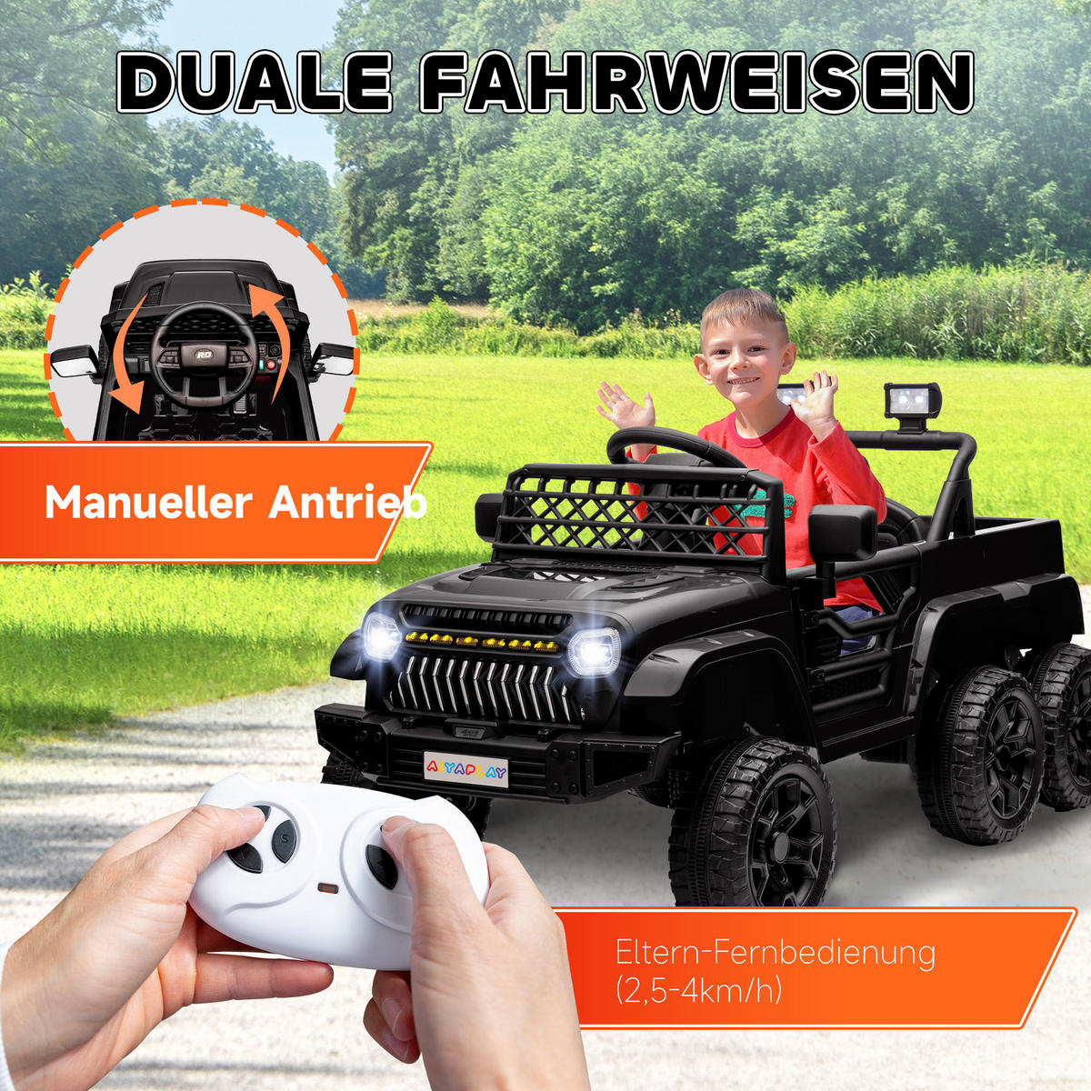 ELEKTRISCHES Kinderauto 12V, mit Anhänger, LED-Lichtern, Musik und Hupe, für Kinder im Alter von 3-8 Jahren, Schwarz - Schwarz, Kunststoff/Metall (122/62.5/65cm) - AIYAPLAY