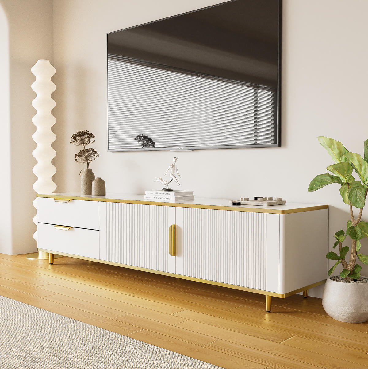 TV-SCHRANK in Weiß und Gold mit 2 Schubladen und 2 Türen 175/40/45 cm - Weiß, Holzwerkstoff (175/45/40cm) - Redom