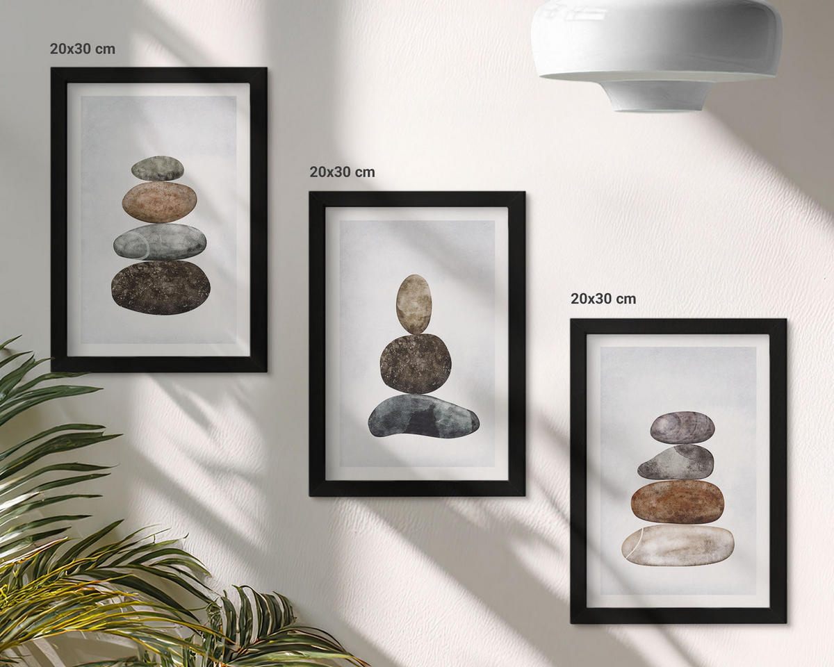 WANDBILDER 3er-Set - 20x30 cm Schwarzer Rahmen - Minimalistische Boho-Steine - Schwarz, Kunststoff (20/30cm) - ArtPrintCave