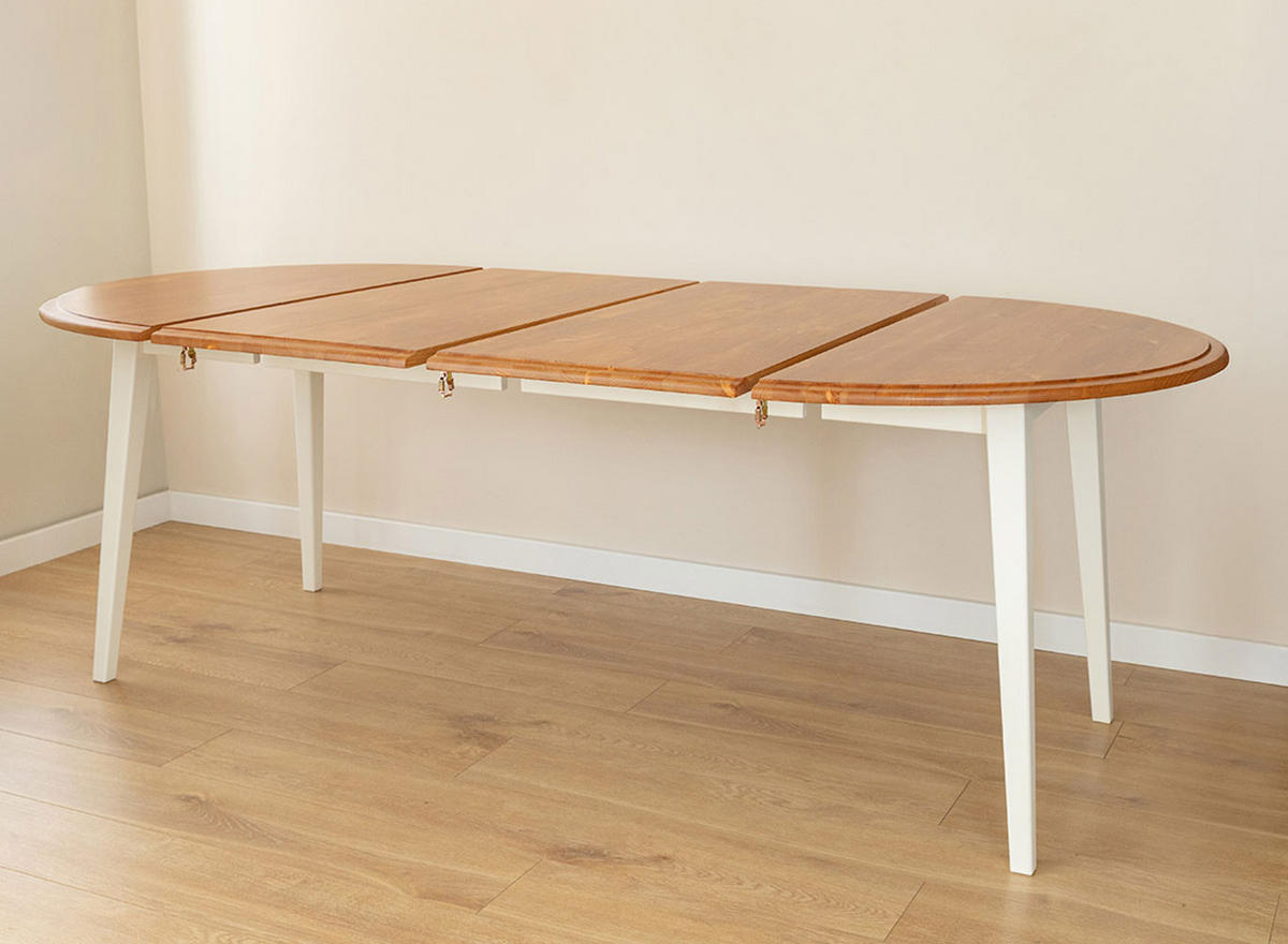ESSTISCH Belluno Elegante Kiefer weiß (RAL9010) lackiert / Kiefer gebeizt, Eichefarben 110-210 / 110 / 74,5cm - Eichefarben/Weiß, Holz (110/210/75cm) - Feldmann-Wohnen