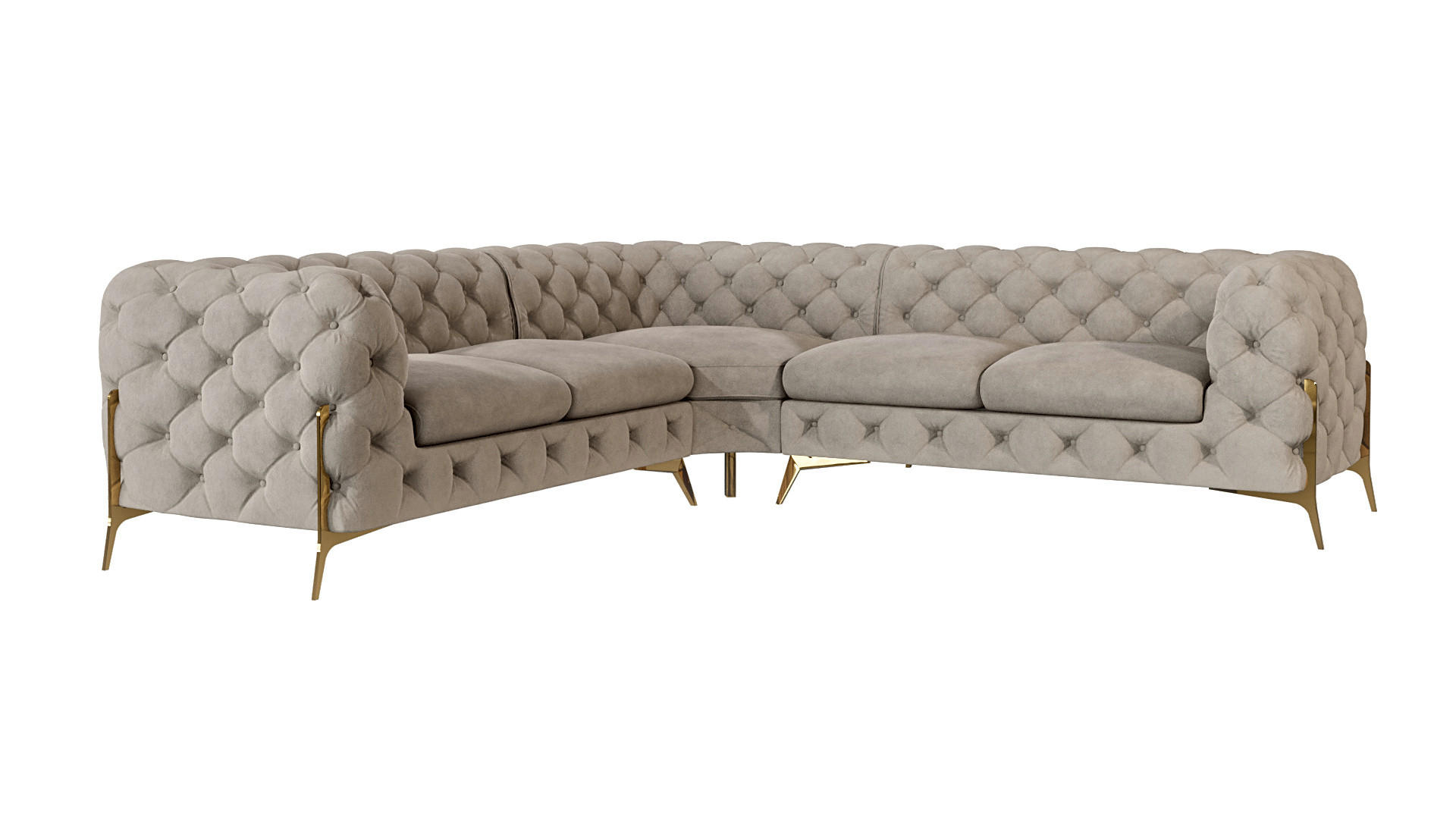 S-Style CHESTERFIELD ROHOVÁ SEDAČKA Lexi z tmavě krémového sametu se zlatými nohami