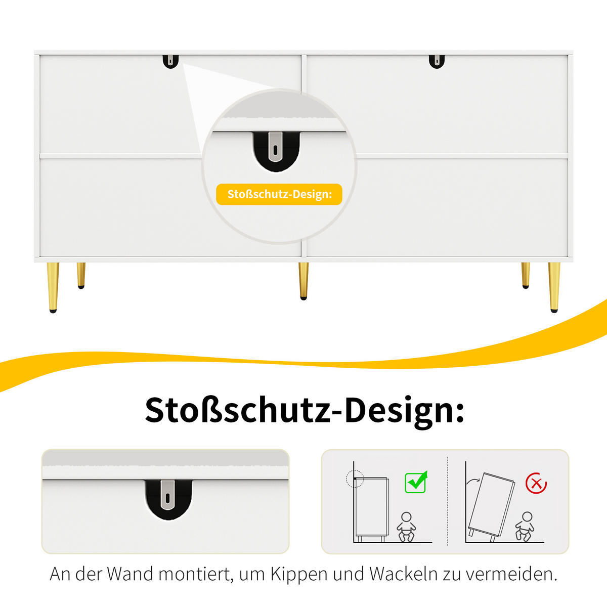 SIDEBOARD Wellenfront mit goldenen Griffen & Füßen Weißes - Weiß, Holzwerkstoff (152/75/40cm) - Urban Meuble