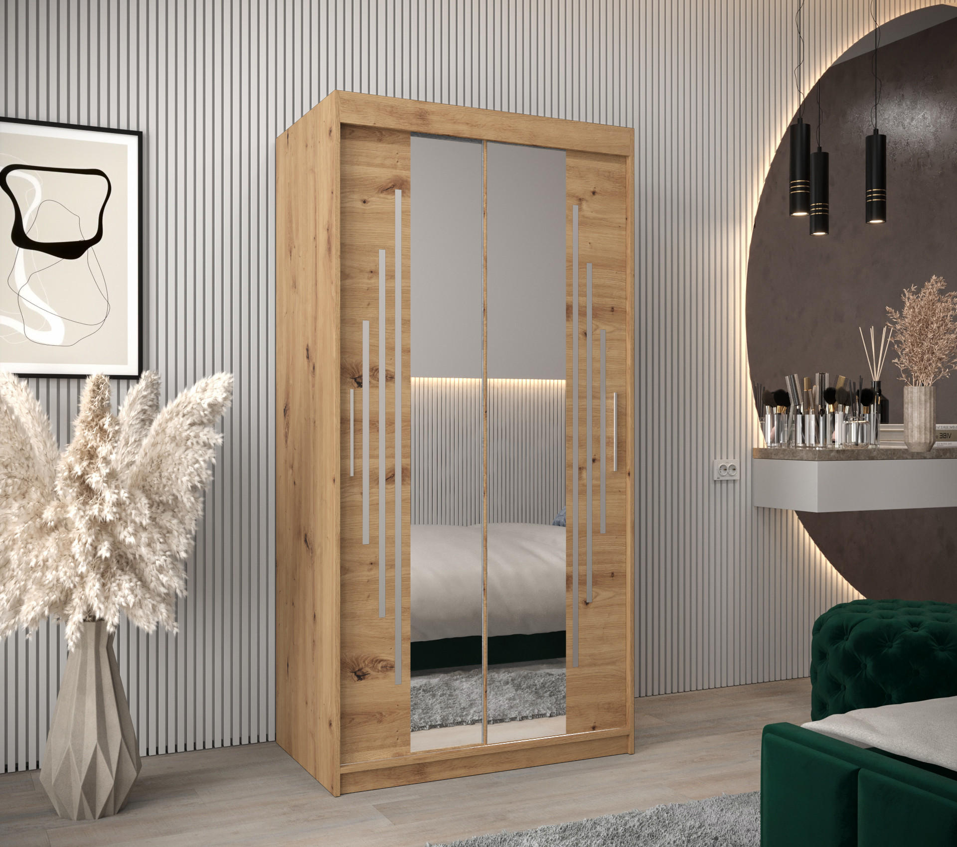 SCHWEBETÜRENSCHRANK 200/100/62 2-türig - Silberfarben/Eiche Artisan, Holz/Kunststoff (100/200/62cm) - Abiks Möbel