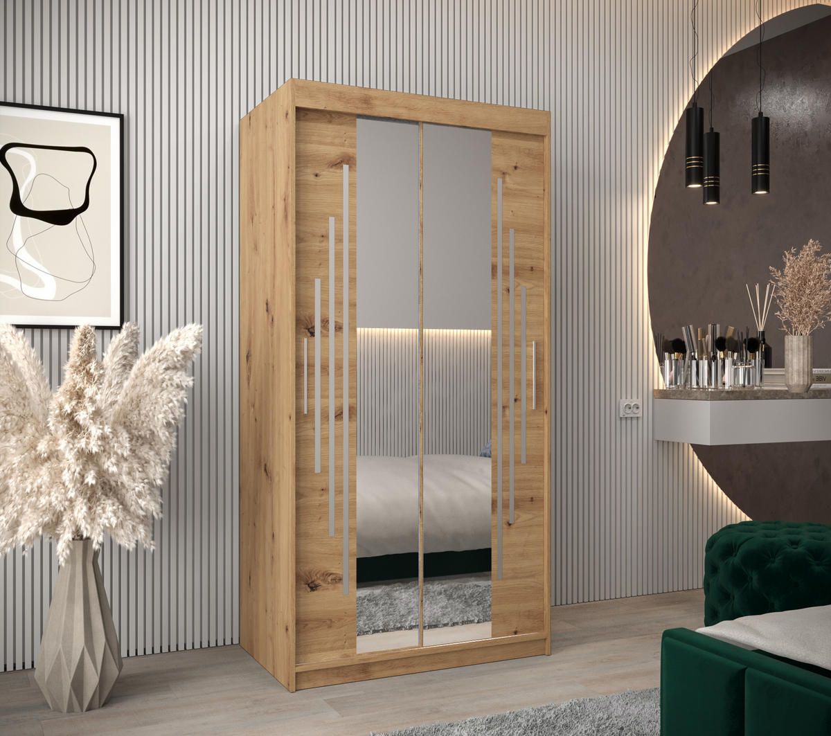 SCHWEBETÜRENSCHRANK 200/100/62 2-türig - Silberfarben/Eiche Artisan, Holz/Kunststoff (100/200/62cm) - Abiks Möbel