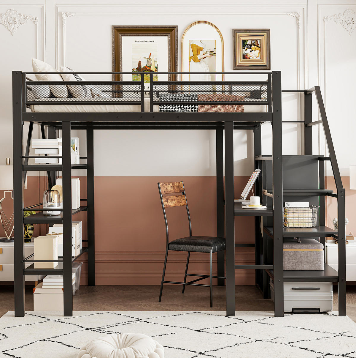 HOCHBETT 140/200 cm Schwarz aus Metall mit Schreibtisch und Kleiderschrank - Schwarz, Metall (140/200cm) - OKMYHOME