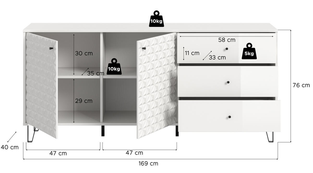 SIDEBOARD weiß Hochglanz 169 x 76 cm, Kommode mit 3D-Struktur - Weiß Hochglanz/Schwarz, Holzwerkstoff/Kunststoff (169/76/40cm) - Inn.Furn