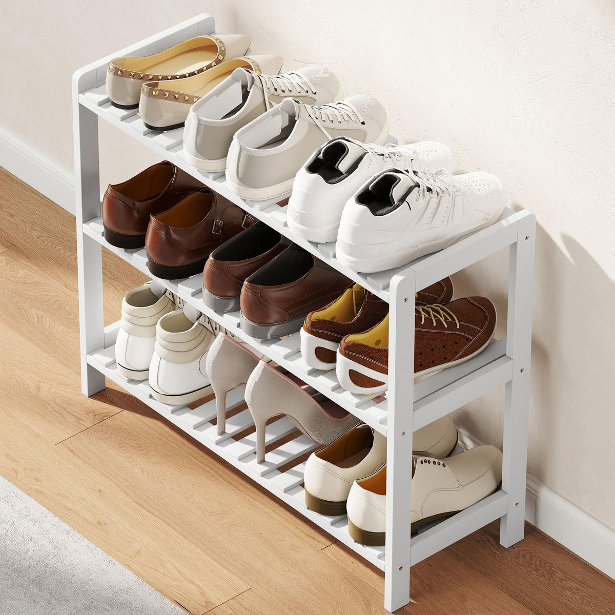 SCHUHREGAL Weiß Kiefernholz MDF offen 3 Ebenen 1 Stück - Weiß, Holz (70/57.5/26cm) - PANGIVO