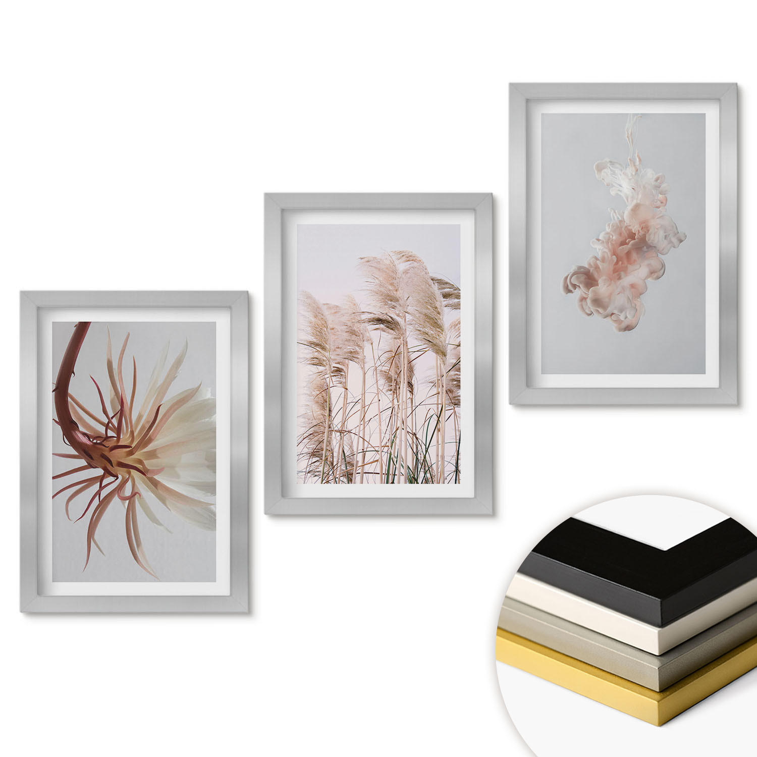 WANDBILDER 3er Set - 20x30 cm Silberner Rahmen - Set aus Gras, Blumen und hellem Hintergrund - Silberfarben, Kunststoff (20/30cm) - ArtPrintCave