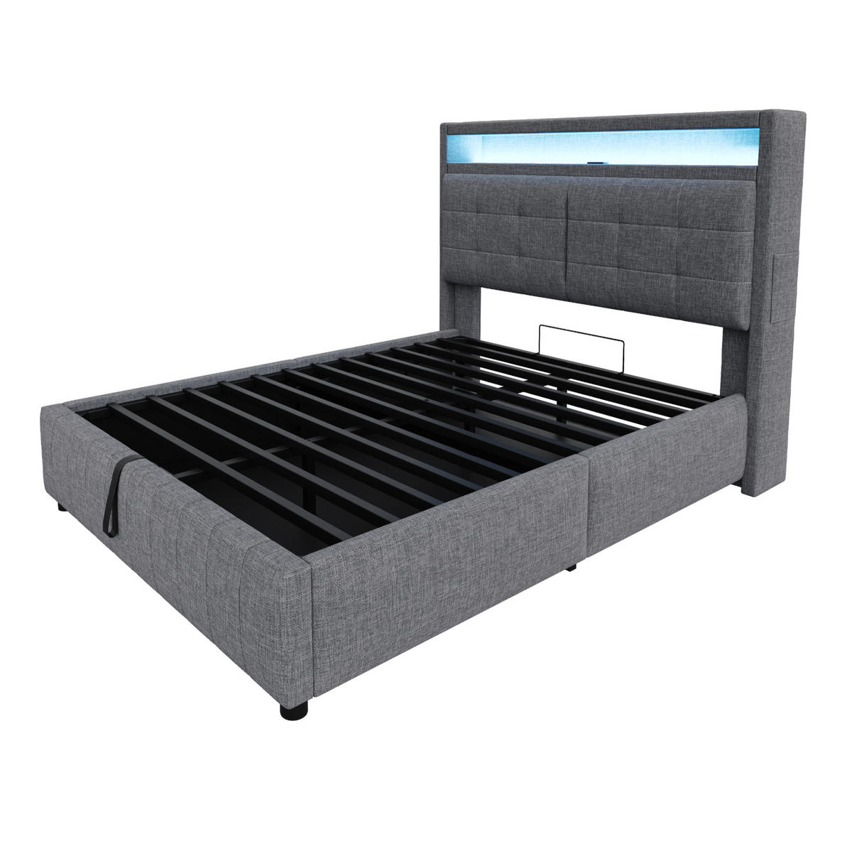POLSTERBETT mit LED-Beleuchtung 140/200 cm mit Bettkasten und gepolstertem Kopfteil - Grau, Textil (140/200cm) - BEAOK