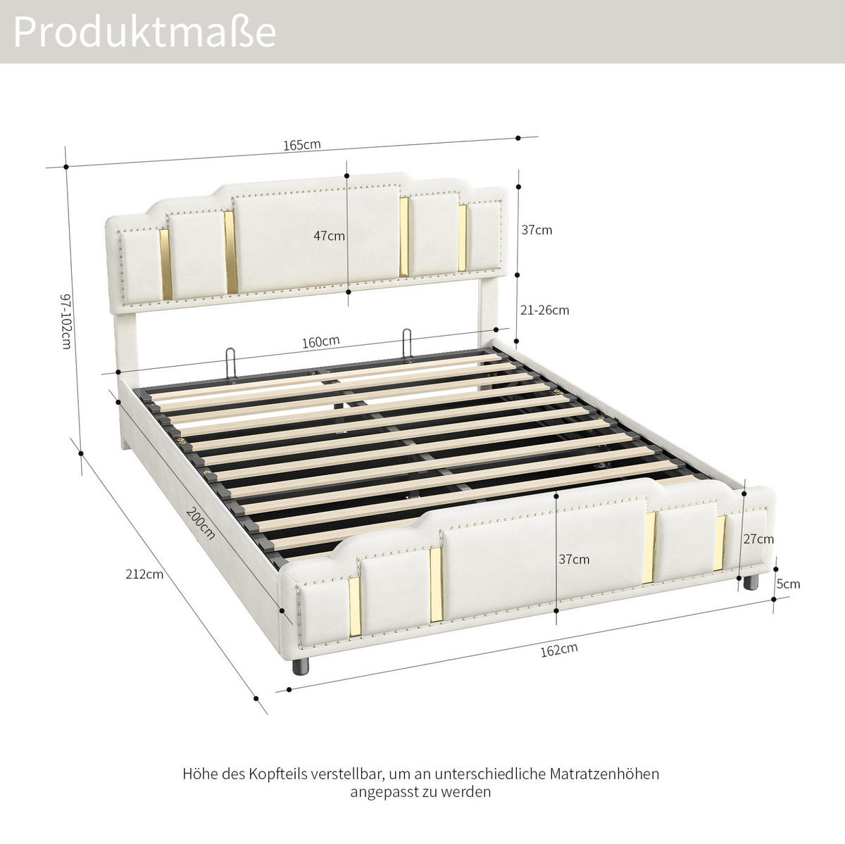 POLSTERBETT 160/200 cm mit LED-Beleuchtung und hydraulischem Bettkasten, Beige - Beige, Textil (160/200cm) - Redom