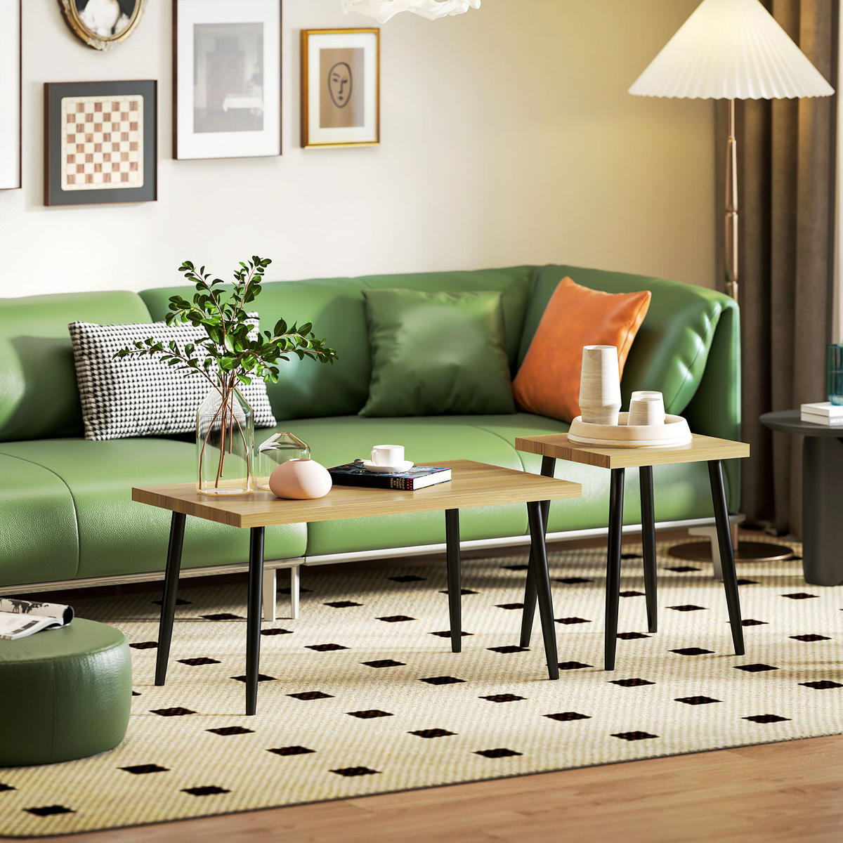COUCHTISCH 2er Set Beistelltisch mit Stahlrahmen, für Wohnzimmer Natur - Naturfarben, Holzwerkstoff (90/50/45cm) - HOMCOM