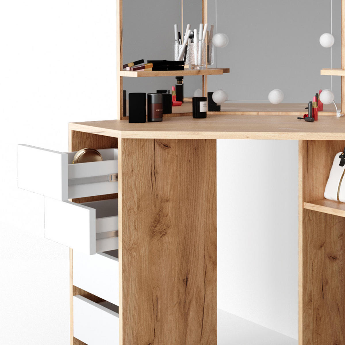 ECKSCHMINKTISCH Arielle Goldkraft Eiche 110 cm mit LED Beleuchtung und Hocker - Eiche Wotan, Holzwerkstoff (110/141.5/54cm) - Vicco