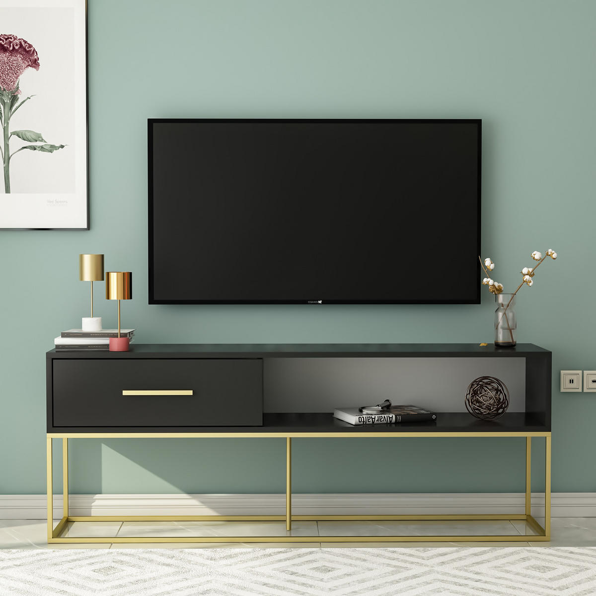 TV-LOWBOARD Mira Schwarz Gold mit Metall Füße 9635 - Goldfarben/Schwarz, Holzwerkstoff/Metall (160/60/35cm) - moebel17