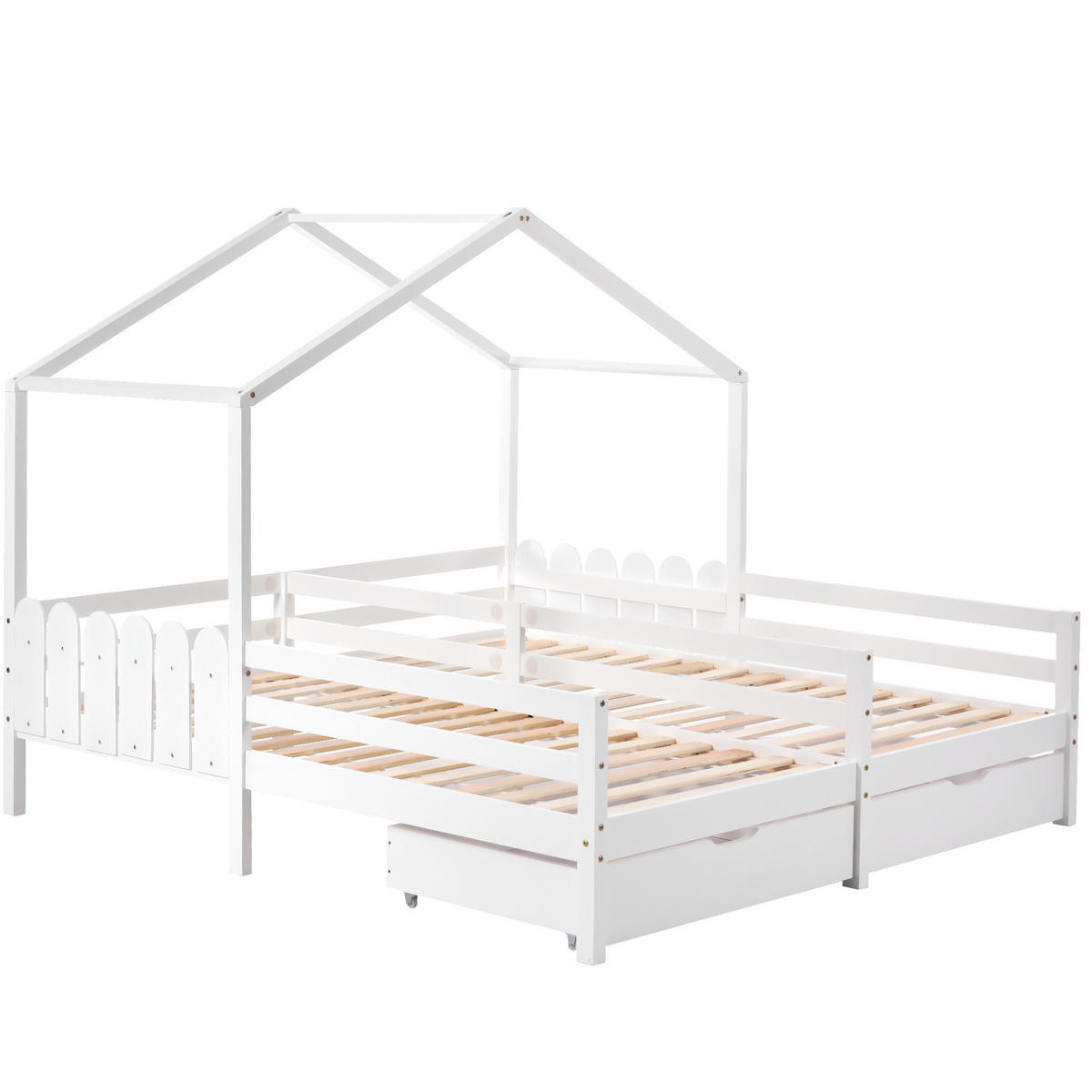 KINDERBETT Hausbett 2 x 200/90 cm mit 2 Schubladen, Schutzgitter gestell, Weiß - Weiß, Holzwerkstoff (90/200cm) - Redom